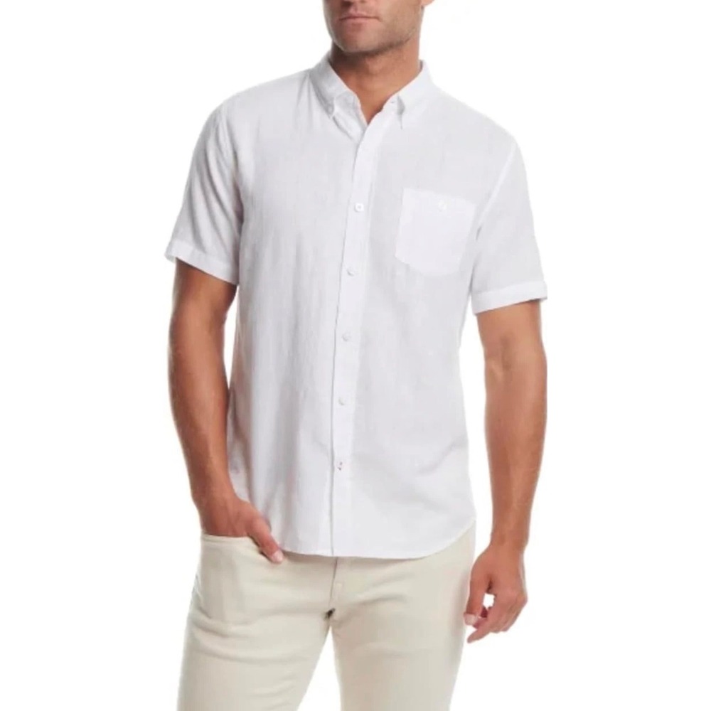 Weatherproof Vintage Mens XXL White Washable Linen‎ Cotton Short Sleeve Shirt